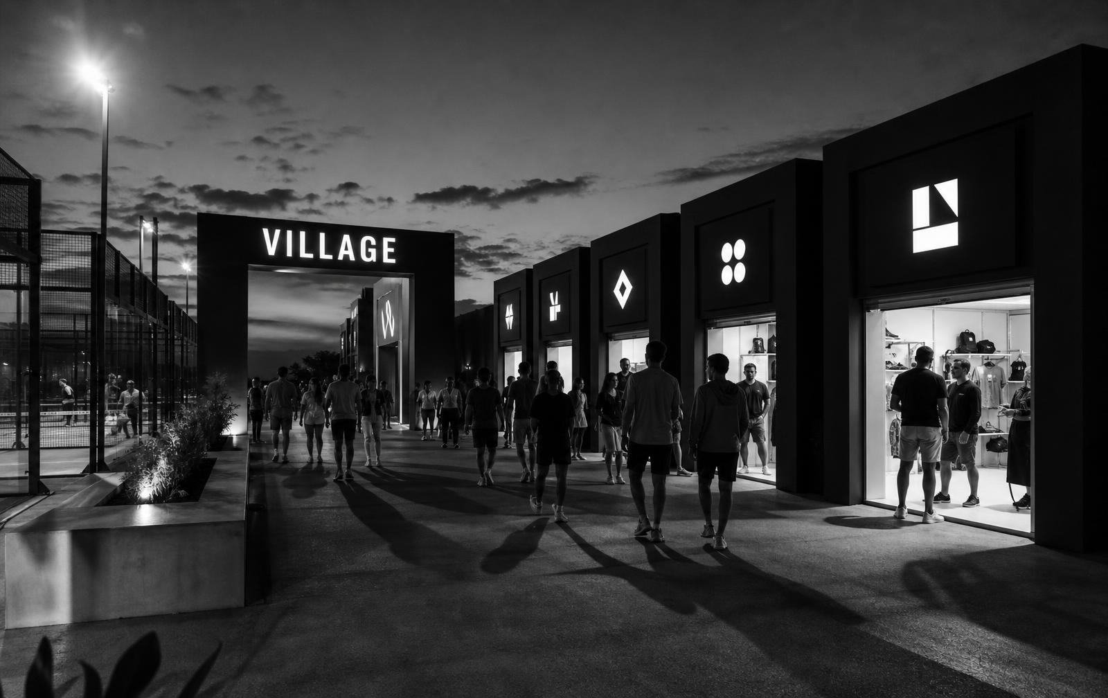 Village de marques premium au crépuscule, stands surmontés de leur enseigne au pied des terrains de padel, image en noir et blanc